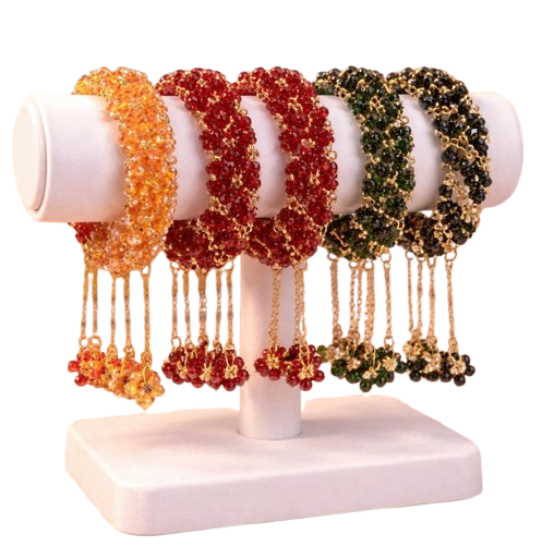 Handmade Crystal Gajra Bracelet with Latkan - Colorful Beaded Wedding Bangles - Indian Bridal Jewelry - Reusable Floral Style Wristlet